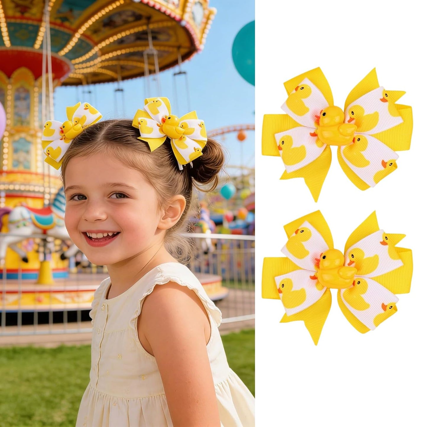 2Pcs Yellow Duck Hair Bow Clips White Yellow Ribbon Alligator Clips Cute Cartoon Duck Bows Hair Pins Spring Summer Hair Accessories for Birthdays Holidays Back to School Home Party Hair Styling