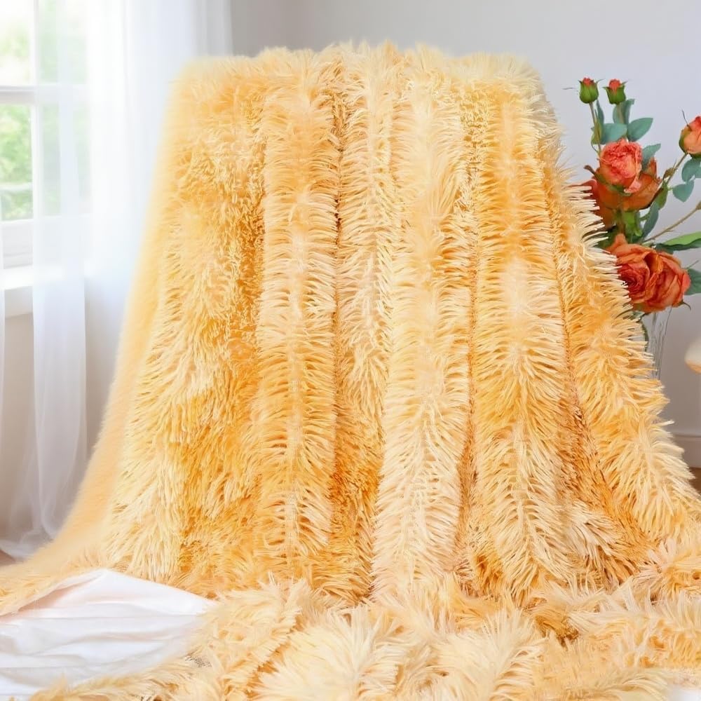 Plush Super Soft Blanket Bedding Sofa Cover Furry Fuzzy Fur Warm Throw Qulit Cozy Couch Blanket for Winter (63"x79",Tie Dye Yellow)
