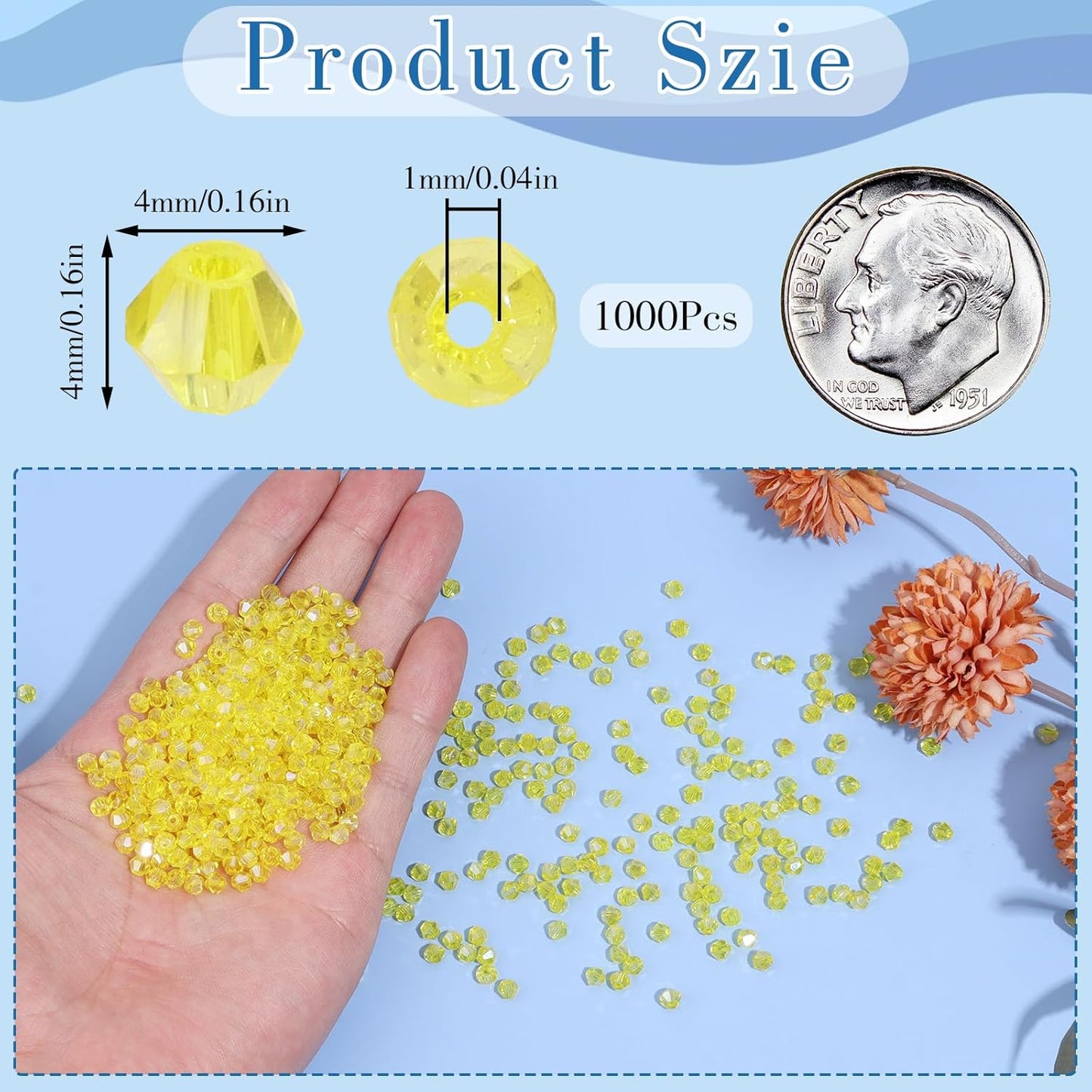 1000Pcs 4mm Faceted Crystal Glass Bicone Beads Loose Bead for DIY Bracelet Necklace Earring Keychain Jewelry Making,Yellow AB