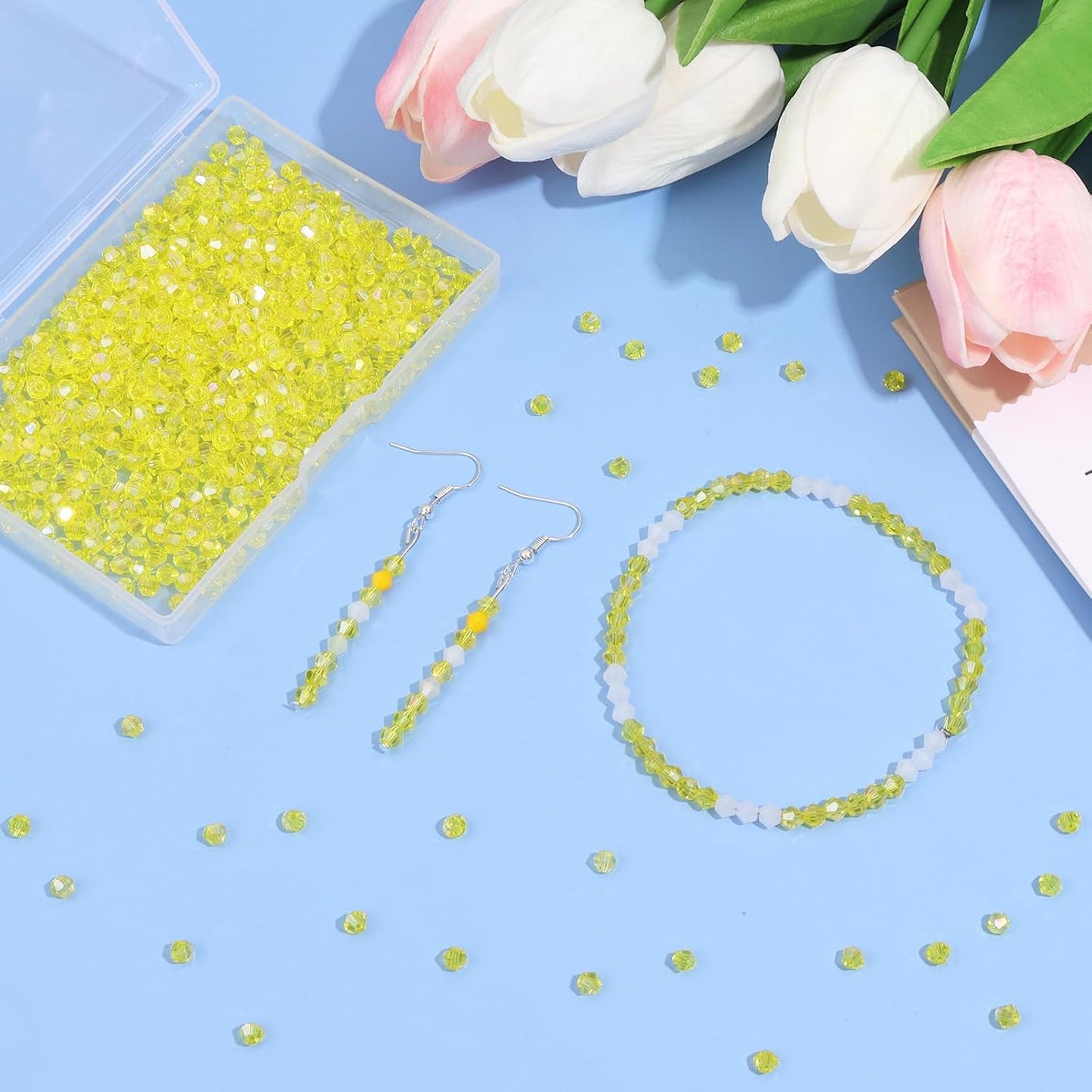 1000Pcs 4mm Faceted Crystal Glass Bicone Beads Loose Bead for DIY Bracelet Necklace Earring Keychain Jewelry Making,Yellow AB