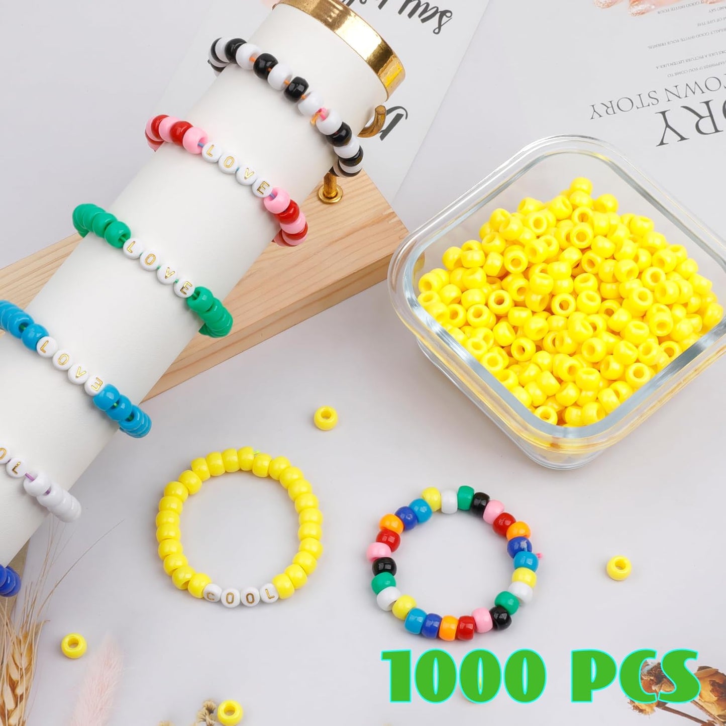 1000Pcs Pony Beads Bracelet 9mm Yellow Plastic Barrel Pony Beads for Necklace,Hair Beads for Braids,Key Chain,Jewelry Making (Yellow)