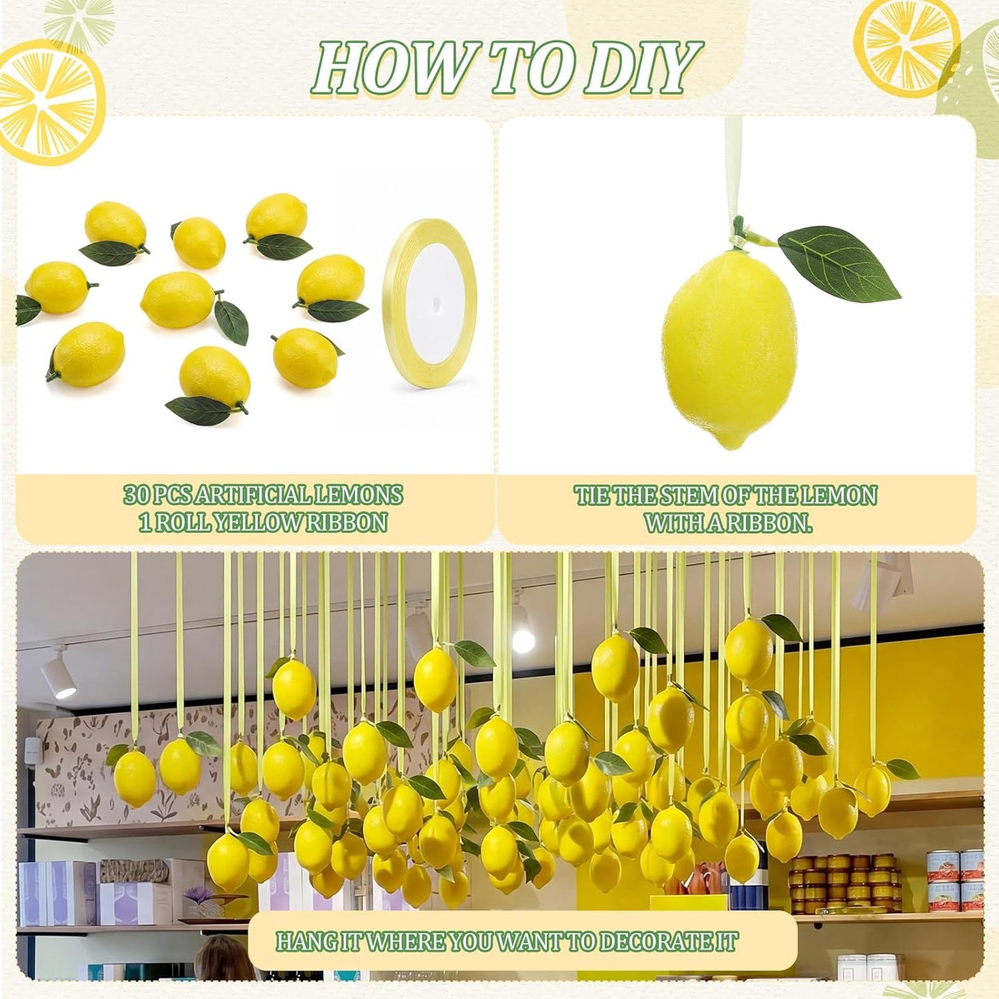 30 Pcs Lemon Hanging Decorations Yellow Artificial Lemon Party Swirl Decor Ceiling Wall Garlands for Summer Garden, Birthday Party, Bridal Shower Backdrop Supplies