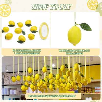 30 Pcs Lemon Hanging Decorations Yellow Artificial Lemon Party Swirl Decor Ceiling Wall Garlands for Summer Garden, Birthday Party, Bridal Shower Backdrop Supplies