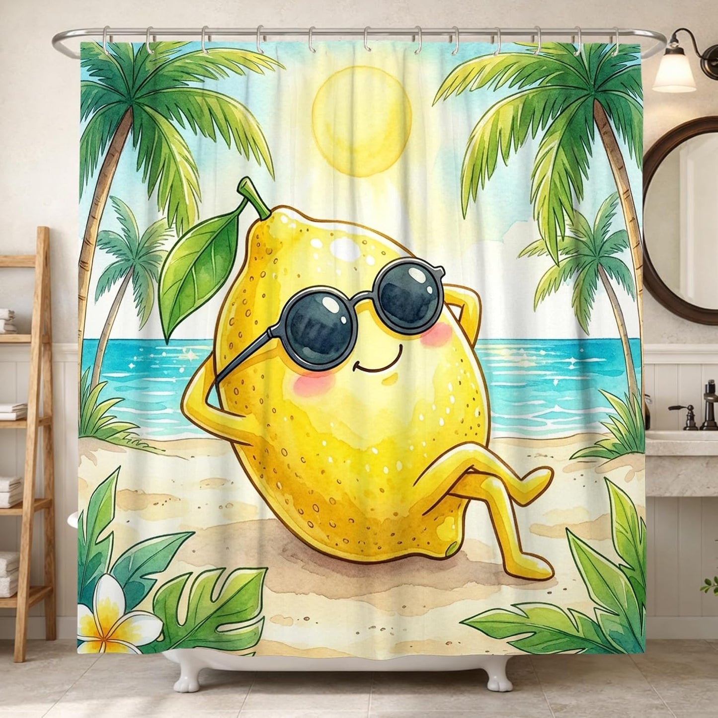 Lemon Shower Curtain, Summer Tropical Palm Tree Sun Summer Yellow Polyester Waterproof Bathtub Cloth Curtains Decor for Bathroom Guest Room 62x72 Inch