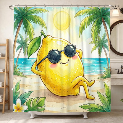 Lemon Shower Curtain, Summer Tropical Palm Tree Sun Summer Yellow Polyester Waterproof Bathtub Cloth Curtains Decor for Bathroom Guest Room 62x72 Inch