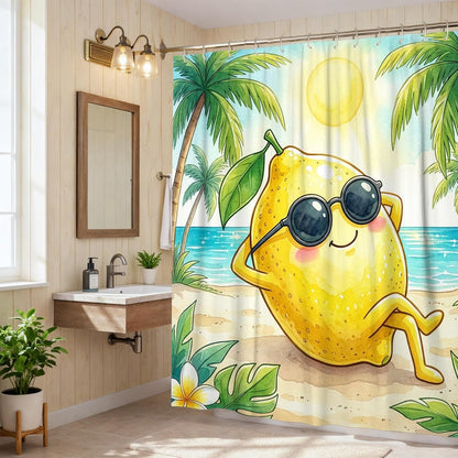 Lemon Shower Curtain, Summer Tropical Palm Tree Sun Summer Yellow Polyester Waterproof Bathtub Cloth Curtains Decor for Bathroom Guest Room 62x72 Inch