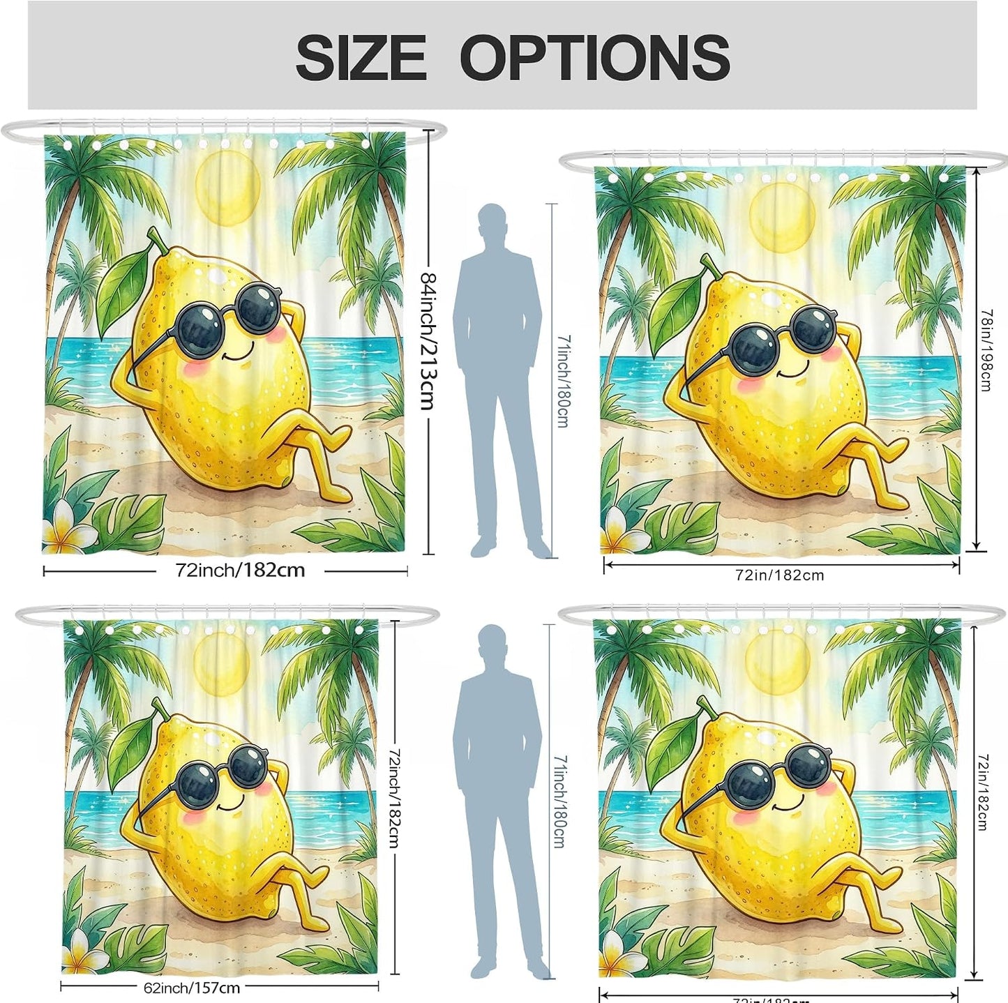 Lemon Shower Curtain, Summer Tropical Palm Tree Sun Summer Yellow Polyester Waterproof Bathtub Cloth Curtains Decor for Bathroom Guest Room 62x72 Inch