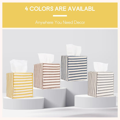 Tissue Box Cover, Fabric Tissue Box Holder Square, Stylish Toilet Paper Storage, Modern Bathroom Counter Organizer Decorations Accessories,Ticking Stripe 5''x5''x5'' (Ginger Yellow)