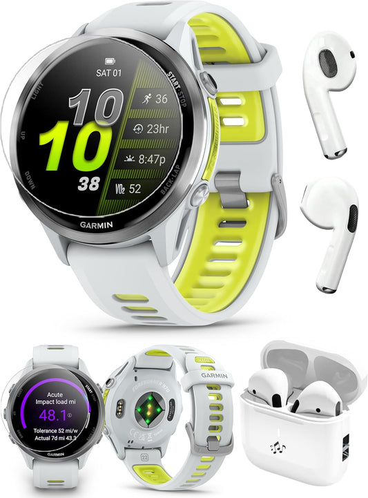 Garmin Forerunner 970 (Amp Yellow) Triathlon GPS Smartwatch Earbuds Bundle | Built for Triathlons & Advanced Runners, AMOLED Display, 26HR Batt | Includes Wireless Earbuds & Screen Protectors