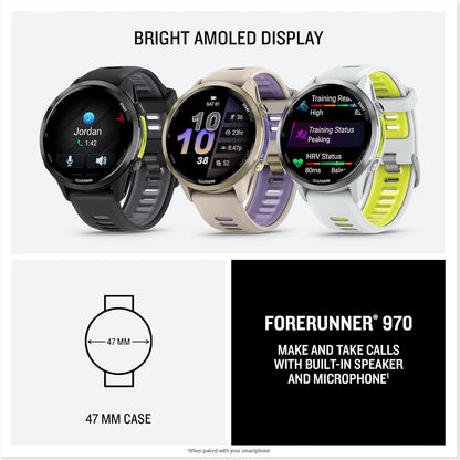 Garmin Forerunner 970 (Amp Yellow) Triathlon GPS Smartwatch Earbuds Bundle | Built for Triathlons & Advanced Runners, AMOLED Display, 26HR Batt | Includes Wireless Earbuds & Screen Protectors