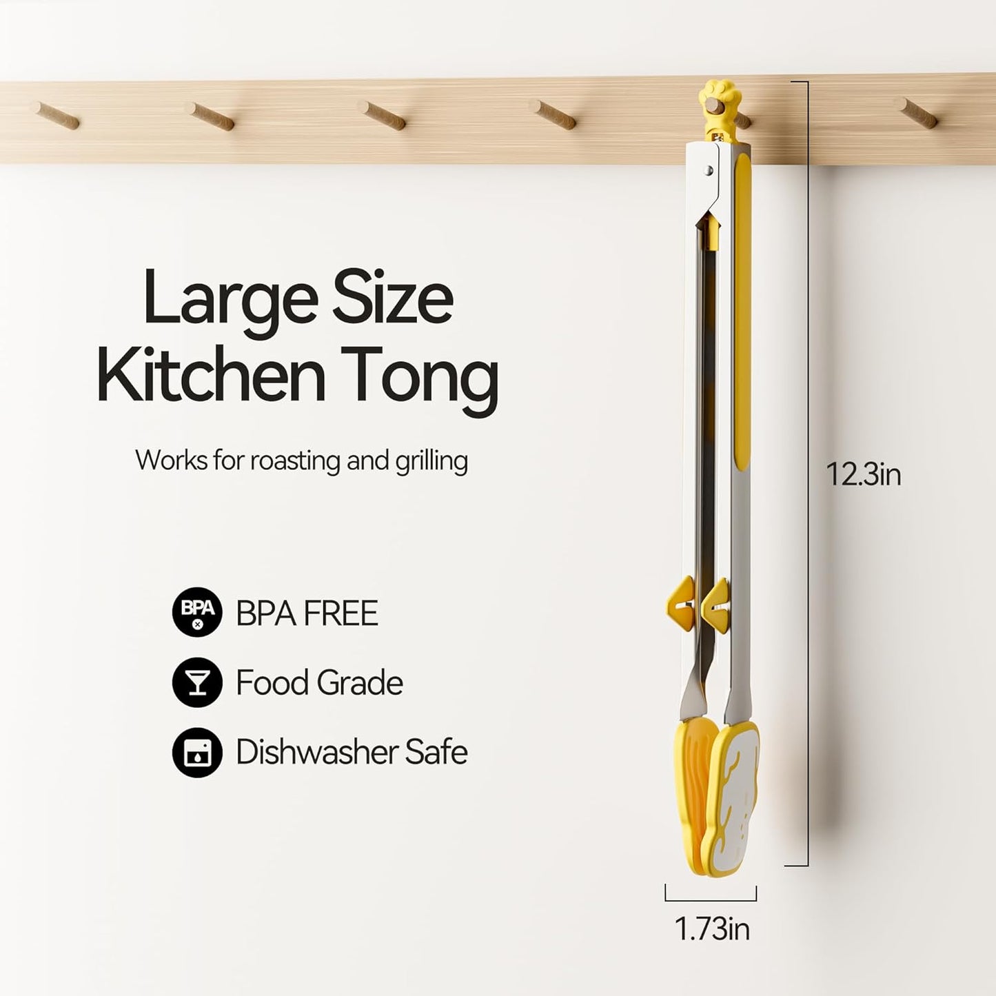 Silicone Stainless Steel Kitchen Tongs, 12inch, Yellow | Non-Slip Grip, Detachable, Standabe, Heat Resistant, Pull Lock, For Cooking, Grilling, Serving, BBQ and Tossing Salad