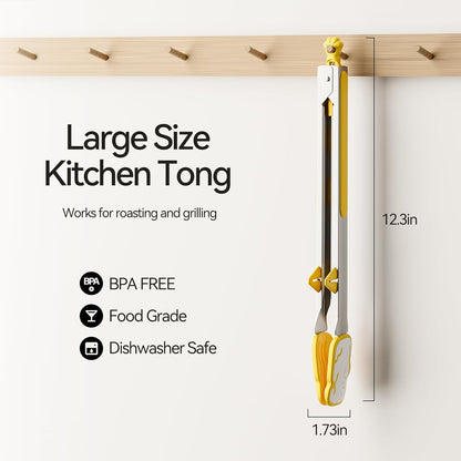 Silicone Stainless Steel Kitchen Tongs, 12inch, Yellow | Non-Slip Grip, Detachable, Standabe, Heat Resistant, Pull Lock, For Cooking, Grilling, Serving, BBQ and Tossing Salad