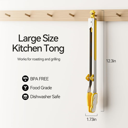 Silicone Stainless Steel Kitchen Tongs, 12inch, Yellow | Non-Slip Grip, Detachable, Standabe, Heat Resistant, Pull Lock, For Cooking, Grilling, Serving, BBQ and Tossing Salad