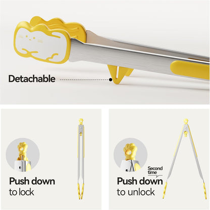 Silicone Stainless Steel Kitchen Tongs, 12inch, Yellow | Non-Slip Grip, Detachable, Standabe, Heat Resistant, Pull Lock, For Cooking, Grilling, Serving, BBQ and Tossing Salad