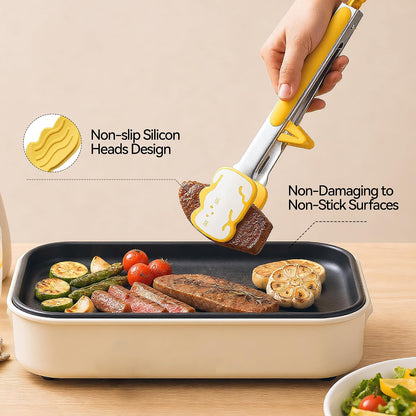 Silicone Stainless Steel Kitchen Tongs, 12inch, Yellow | Non-Slip Grip, Detachable, Standabe, Heat Resistant, Pull Lock, For Cooking, Grilling, Serving, BBQ and Tossing Salad