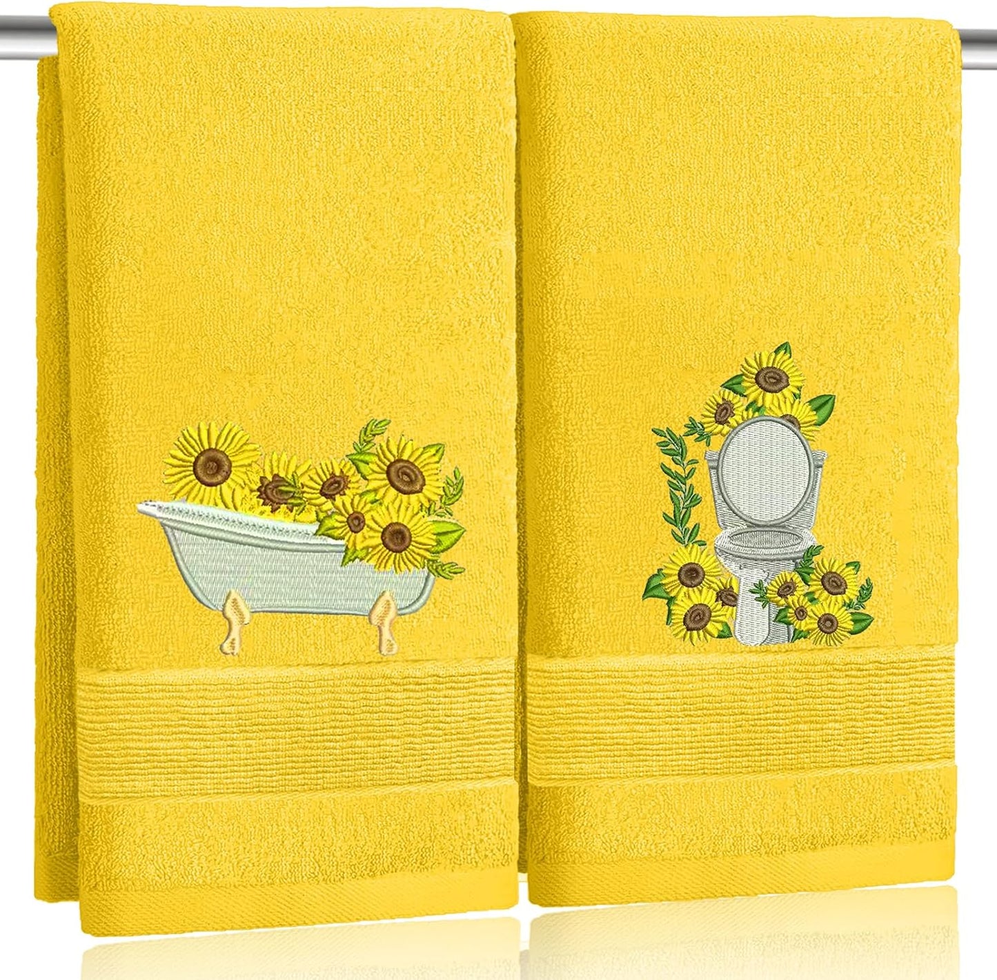 2pcs Yellow Sunflower Hand Towels for Bathroom Decorative Towels Set 100% Cotton cute Embroidered Spring summer floral bath towels dish kitchen towels Farmhouse Bathroom Decor Gift(Yellow Sunflower)