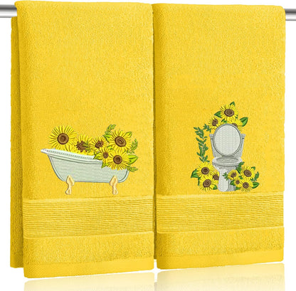 2pcs Yellow Sunflower Hand Towels for Bathroom Decorative Towels Set 100% Cotton cute Embroidered Spring summer floral bath towels dish kitchen towels Farmhouse Bathroom Decor Gift(Yellow Sunflower)