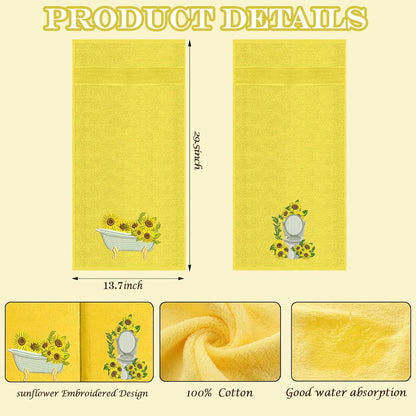 2pcs Yellow Sunflower Hand Towels for Bathroom Decorative Towels Set 100% Cotton cute Embroidered Spring summer floral bath towels dish kitchen towels Farmhouse Bathroom Decor Gift(Yellow Sunflower)