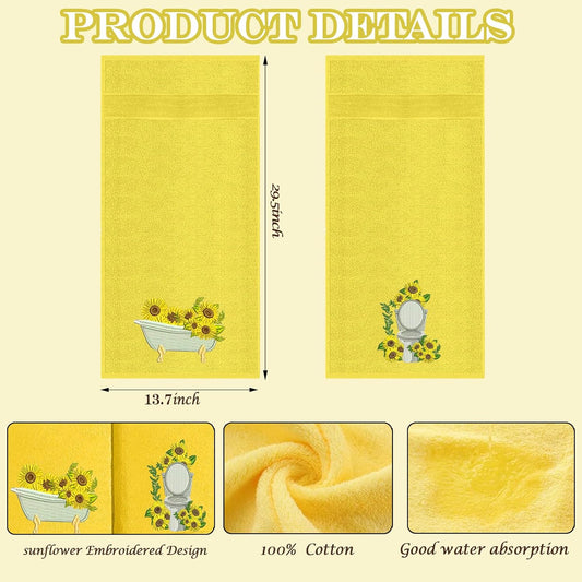 2pcs Yellow Sunflower Hand Towels for Bathroom Decorative Towels Set 100% Cotton cute Embroidered Spring summer floral bath towels dish kitchen towels Farmhouse Bathroom Decor Gift(Yellow Sunflower)