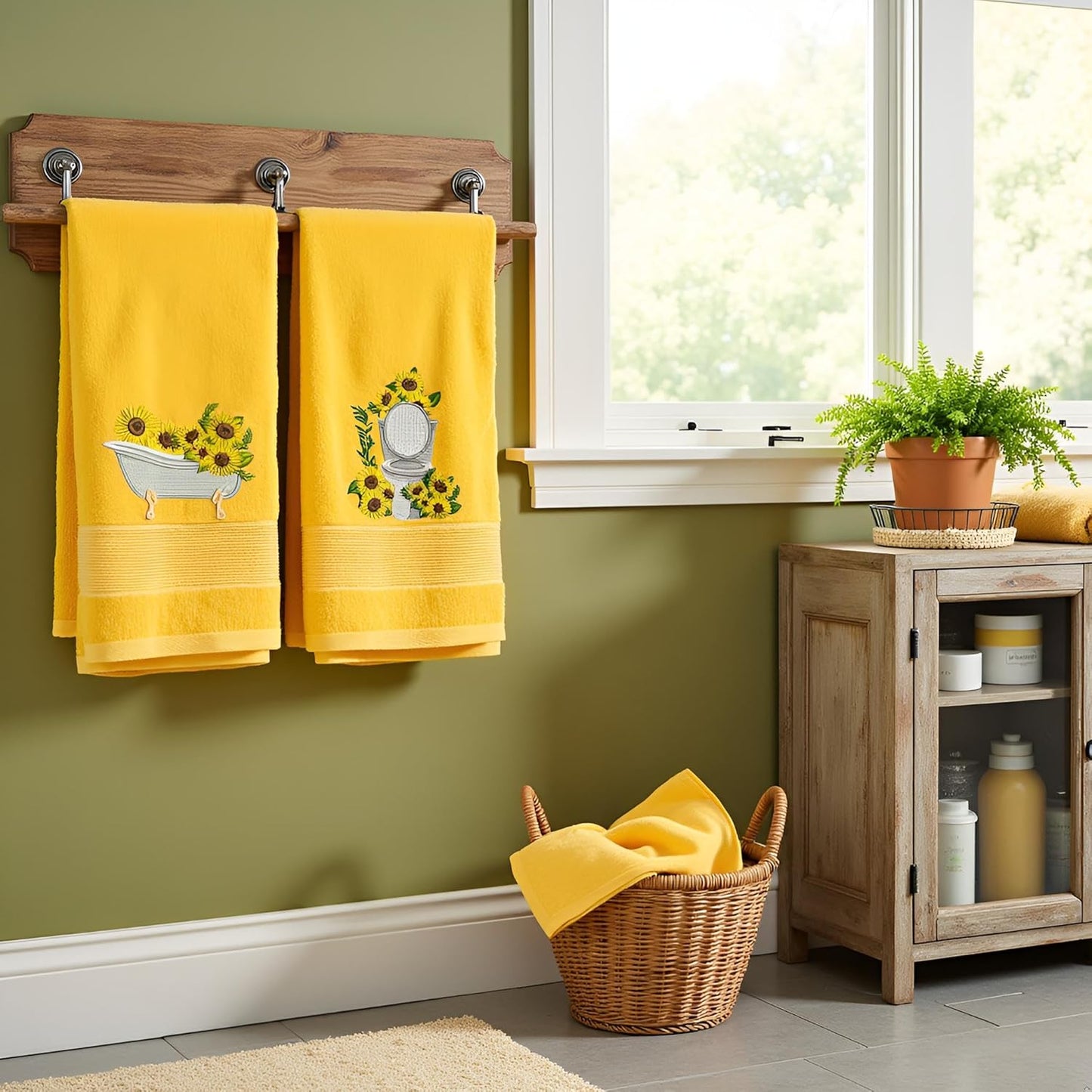 2pcs Yellow Sunflower Hand Towels for Bathroom Decorative Towels Set 100% Cotton cute Embroidered Spring summer floral bath towels dish kitchen towels Farmhouse Bathroom Decor Gift(Yellow Sunflower)