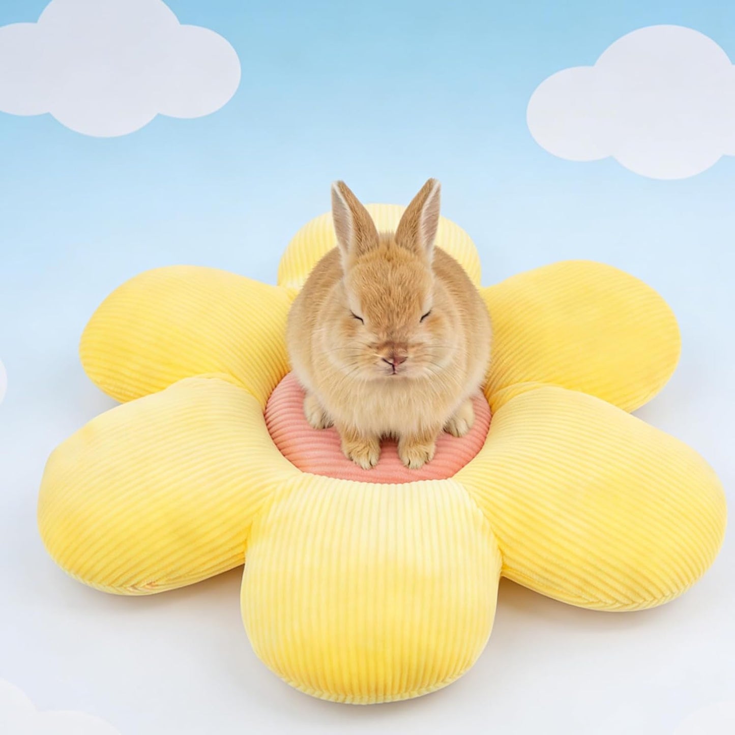 Rabbit Bed Mat, 14.9"X14.9" Soft Flower Shaped Bunny Bed, Washable Daisy Bunny Mat Double-Sided Reversible Plush Mat for Rabbit, Bunny, Cats, Dogs Yellow