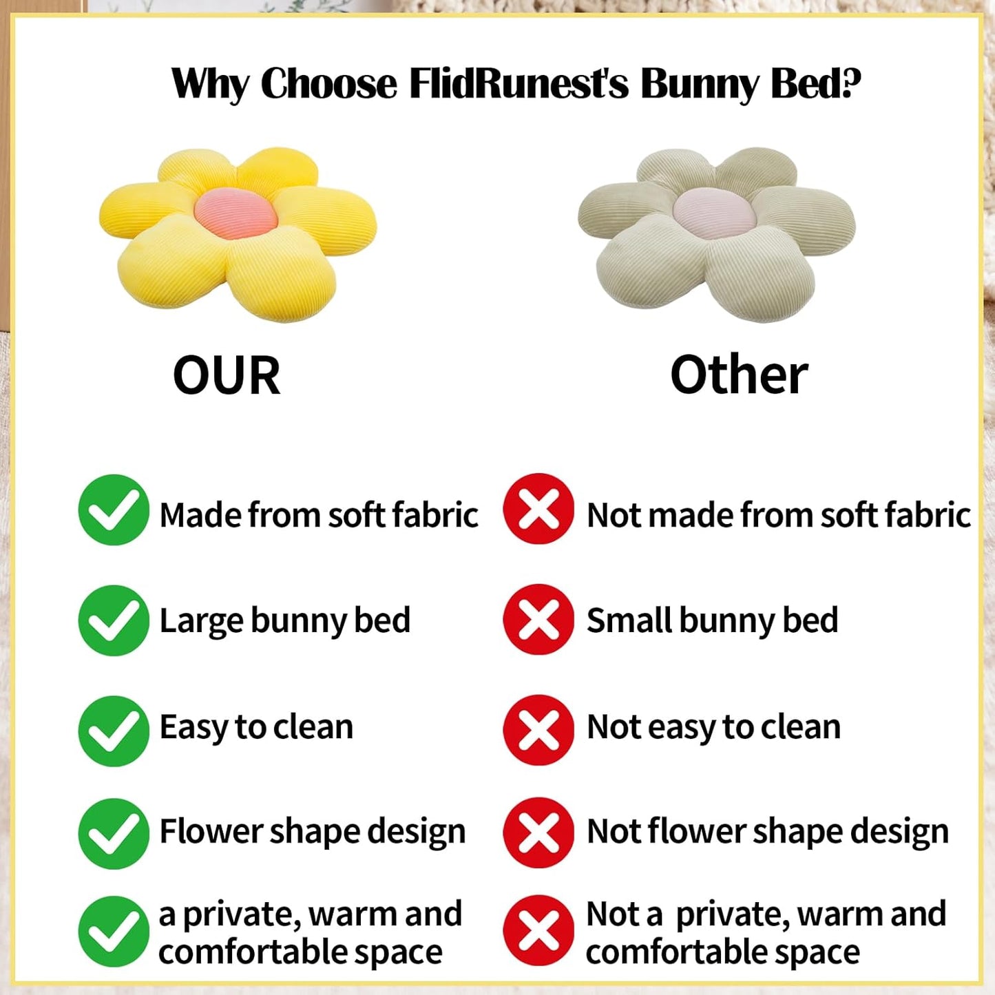Rabbit Bed Mat, 14.9"X14.9" Soft Flower Shaped Bunny Bed, Washable Daisy Bunny Mat Double-Sided Reversible Plush Mat for Rabbit, Bunny, Cats, Dogs Yellow