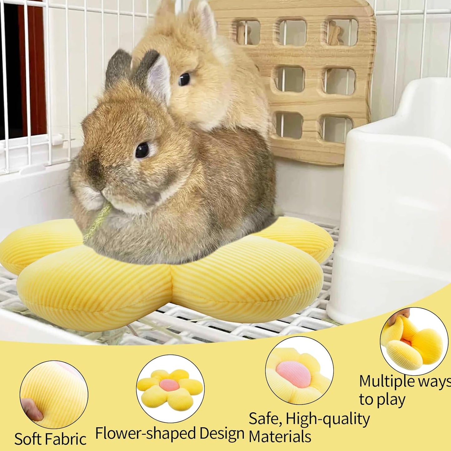 Rabbit Bed Mat, 14.9"X14.9" Soft Flower Shaped Bunny Bed, Washable Daisy Bunny Mat Double-Sided Reversible Plush Mat for Rabbit, Bunny, Cats, Dogs Yellow