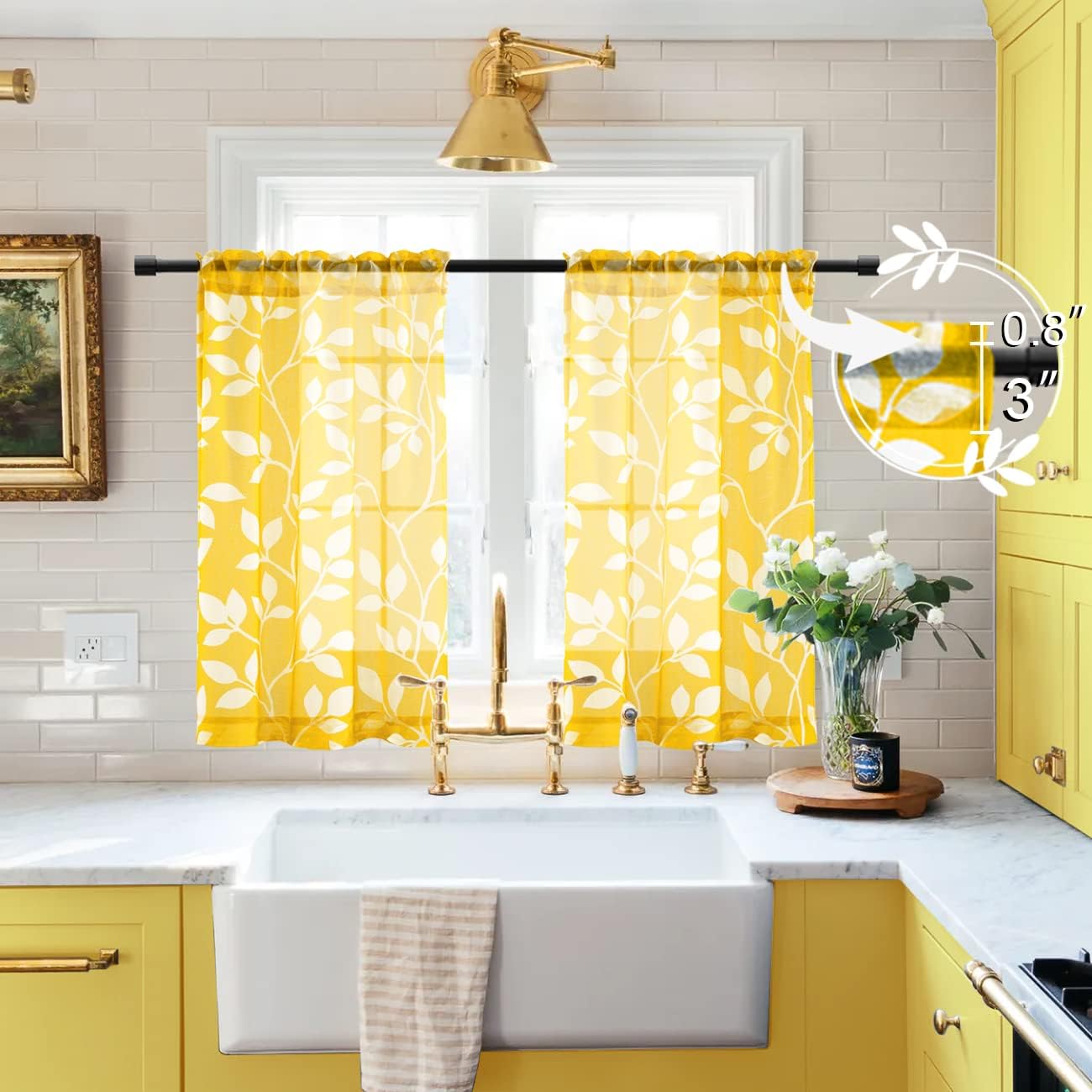 XTMYI Yellow Cafe Kitchen Curtains 36 Inch Length,Floral Sunflower Decor Tier Curtains Sets for Windows,Bright Lemon Yellow and White