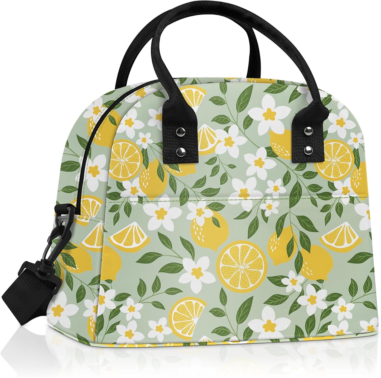 Summer Women Lunch Box Bag Leaf Large Camping Adult Lunch Tote Insulated Cooler Bag for Office Work Picnic,Lemon Flower