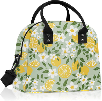 Summer Women Lunch Box Bag Leaf Large Camping Adult Lunch Tote Insulated Cooler Bag for Office Work Picnic,Lemon Flower
