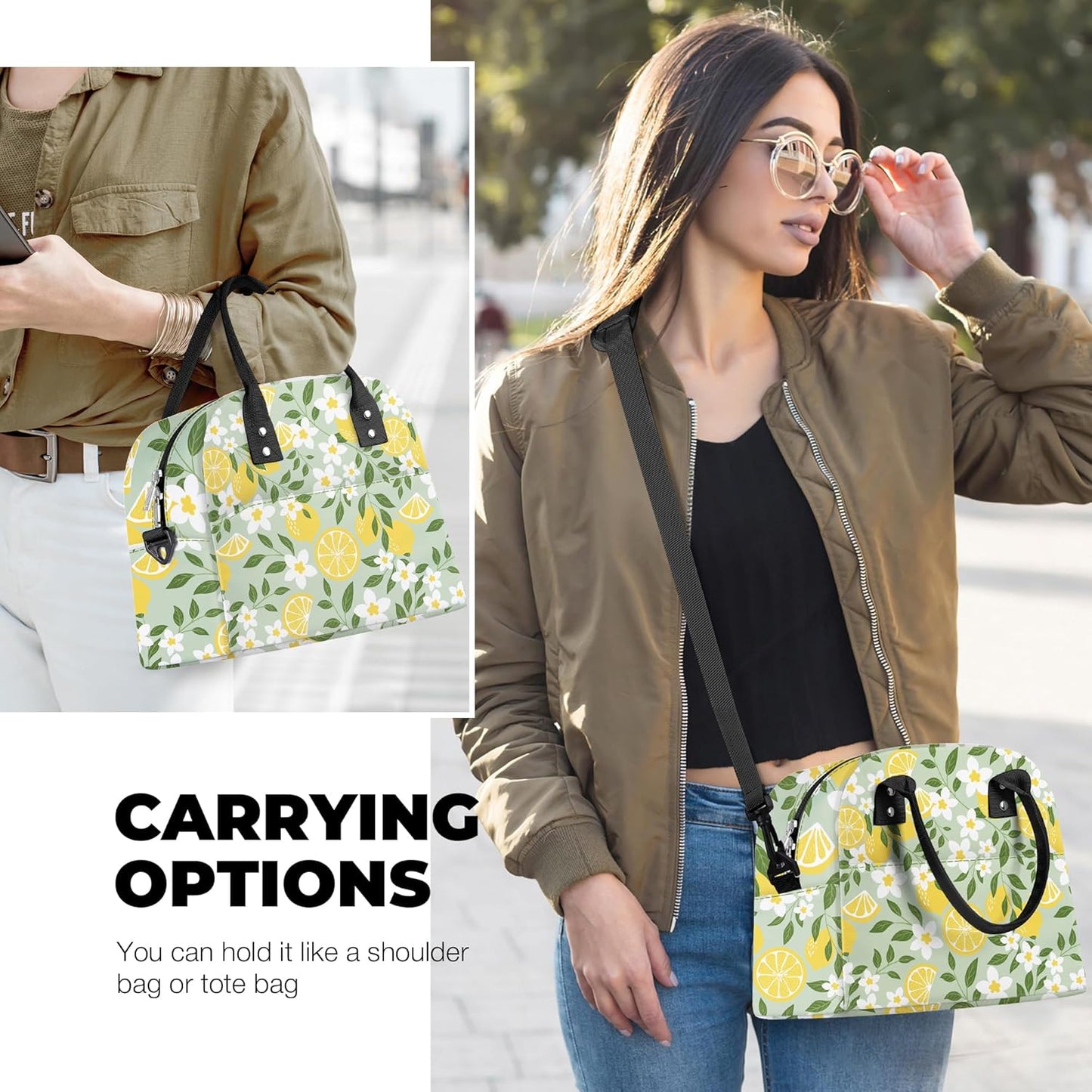Summer Women Lunch Box Bag Leaf Large Camping Adult Lunch Tote Insulated Cooler Bag for Office Work Picnic,Lemon Flower