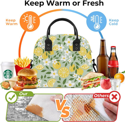 Summer Women Lunch Box Bag Leaf Large Camping Adult Lunch Tote Insulated Cooler Bag for Office Work Picnic,Lemon Flower