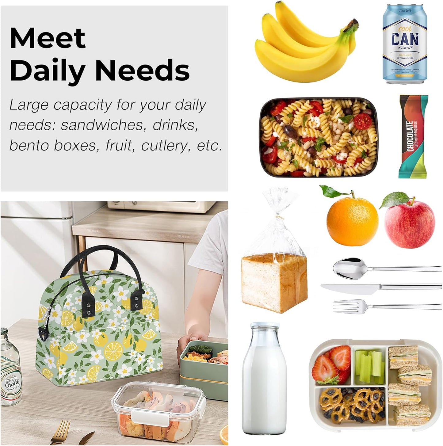 Summer Women Lunch Box Bag Leaf Large Camping Adult Lunch Tote Insulated Cooler Bag for Office Work Picnic,Lemon Flower