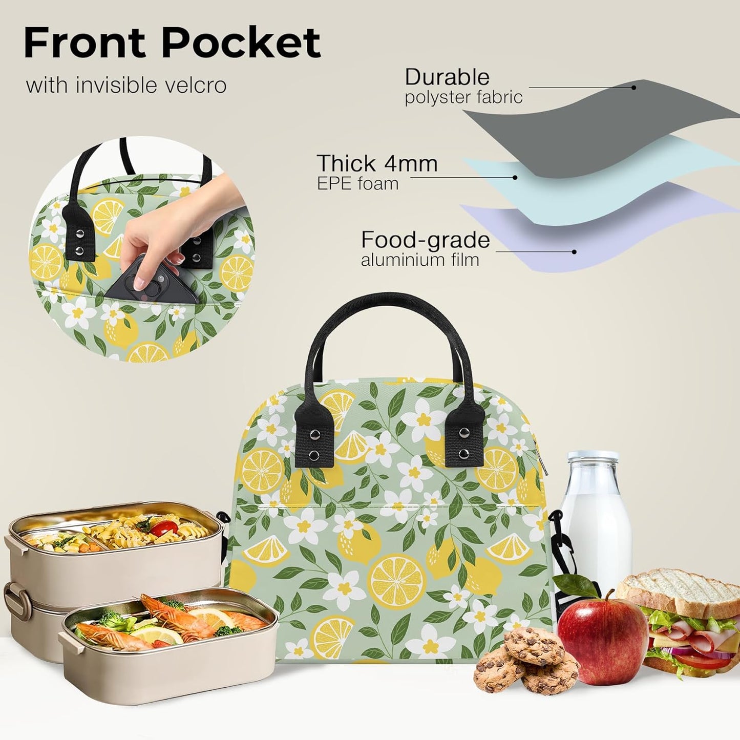 Summer Women Lunch Box Bag Leaf Large Camping Adult Lunch Tote Insulated Cooler Bag for Office Work Picnic,Lemon Flower