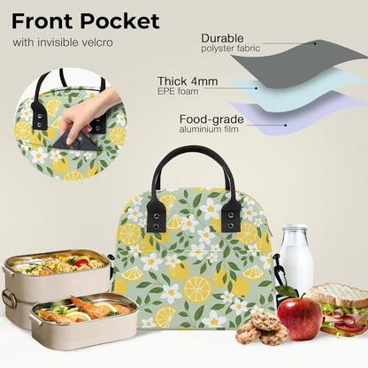 Summer Women Lunch Box Bag Leaf Large Camping Adult Lunch Tote Insulated Cooler Bag for Office Work Picnic,Lemon Flower