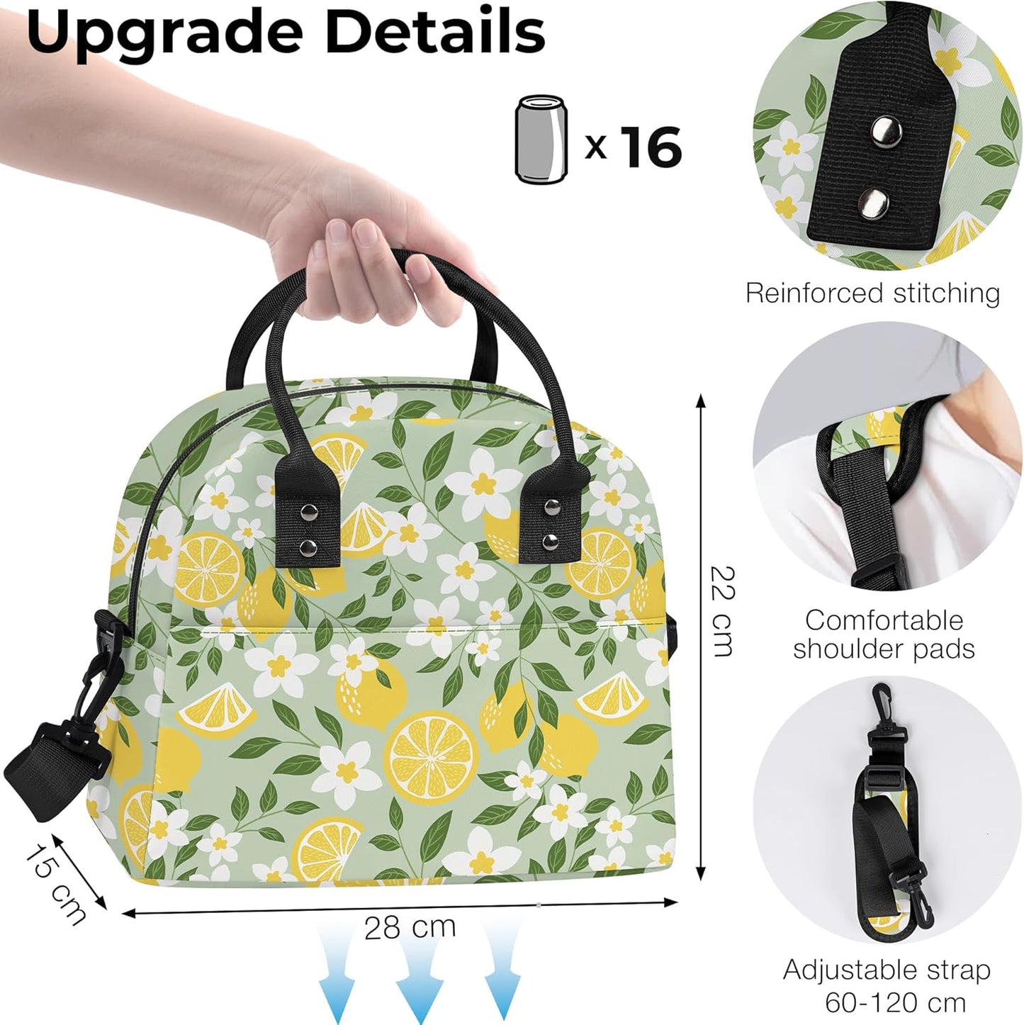 Summer Women Lunch Box Bag Leaf Large Camping Adult Lunch Tote Insulated Cooler Bag for Office Work Picnic,Lemon Flower