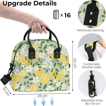 Summer Women Lunch Box Bag Leaf Large Camping Adult Lunch Tote Insulated Cooler Bag for Office Work Picnic,Lemon Flower