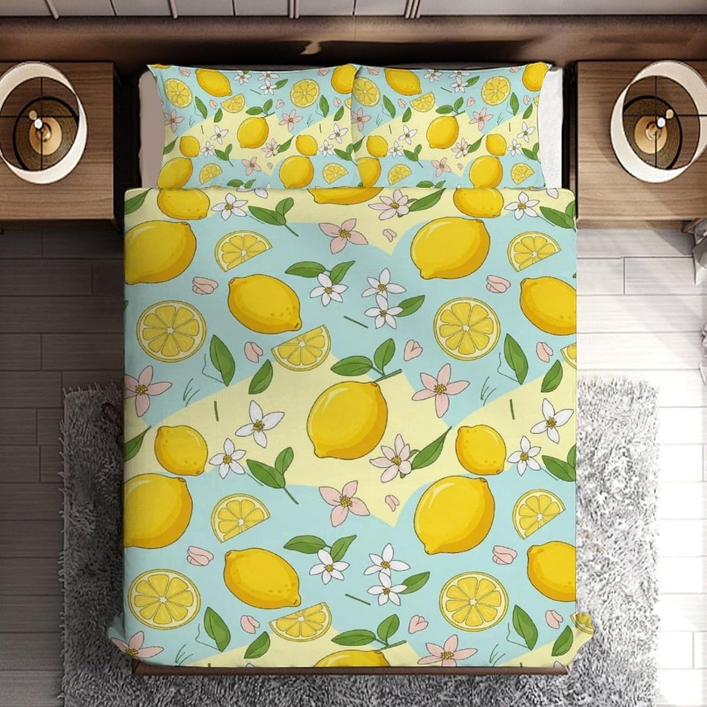 Comforter Cover Set Twin Size, Lemons and Flower 3-Piece Bedding Set for Boys Girls Teens Modern Soft Microfiber Bedroom Set Room Decor, 1 Duvet Cover + 2 Pillowcases
