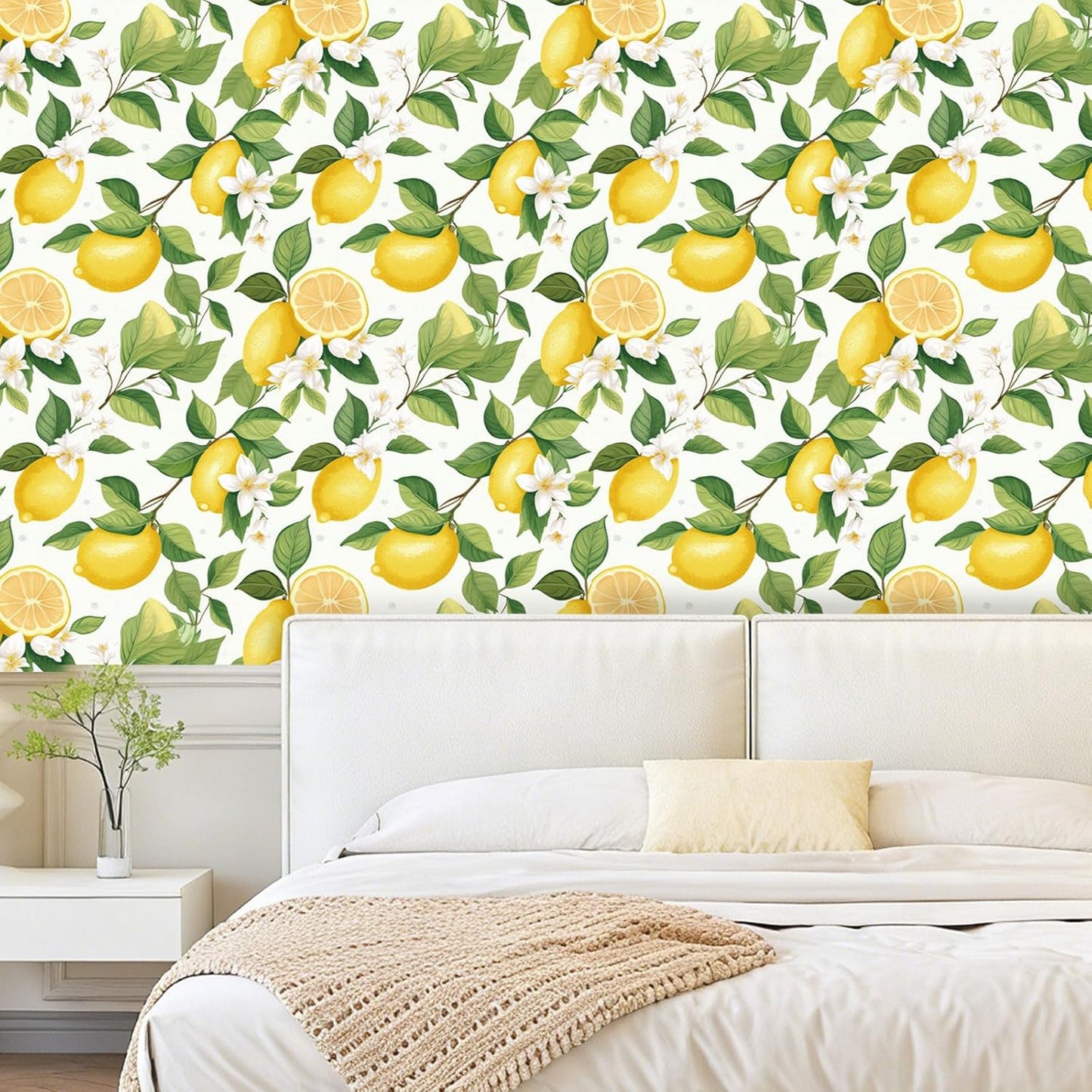Modern Farmhouse Peel and Stick Wallpaper Yellow Lemon Floral Wallpaper 17.5"X10ft Self Adhesive Removable Green Botanical Fruit Contact Paper Vinyl Wall Mural for Bedroom Living Room Cabinets