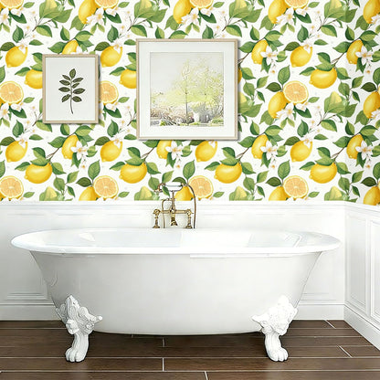 Modern Farmhouse Peel and Stick Wallpaper Yellow Lemon Floral Wallpaper 17.5"X10ft Self Adhesive Removable Green Botanical Fruit Contact Paper Vinyl Wall Mural for Bedroom Living Room Cabinets