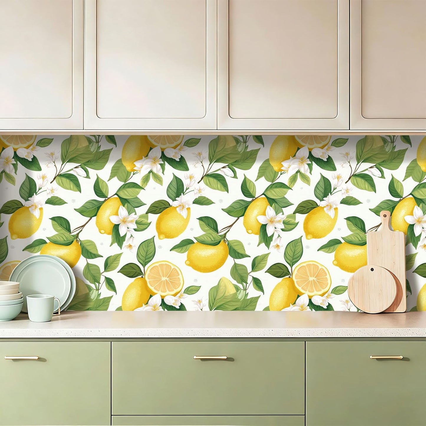 Modern Farmhouse Peel and Stick Wallpaper Yellow Lemon Floral Wallpaper 17.5"X10ft Self Adhesive Removable Green Botanical Fruit Contact Paper Vinyl Wall Mural for Bedroom Living Room Cabinets