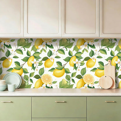 Modern Farmhouse Peel and Stick Wallpaper Yellow Lemon Floral Wallpaper 17.5"X10ft Self Adhesive Removable Green Botanical Fruit Contact Paper Vinyl Wall Mural for Bedroom Living Room Cabinets