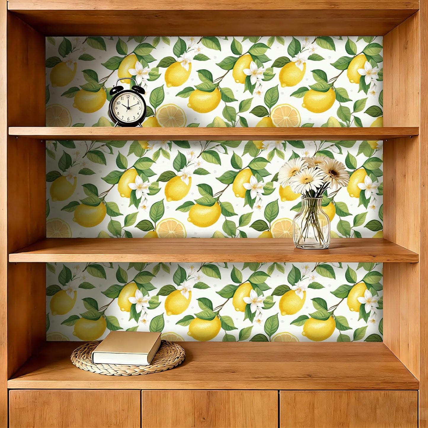 Modern Farmhouse Peel and Stick Wallpaper Yellow Lemon Floral Wallpaper 17.5"X10ft Self Adhesive Removable Green Botanical Fruit Contact Paper Vinyl Wall Mural for Bedroom Living Room Cabinets
