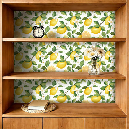 Modern Farmhouse Peel and Stick Wallpaper Yellow Lemon Floral Wallpaper 17.5"X10ft Self Adhesive Removable Green Botanical Fruit Contact Paper Vinyl Wall Mural for Bedroom Living Room Cabinets