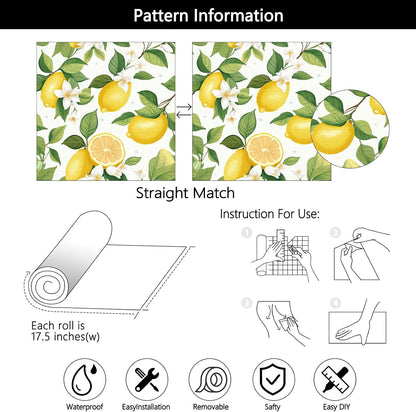 Modern Farmhouse Peel and Stick Wallpaper Yellow Lemon Floral Wallpaper 17.5"X10ft Self Adhesive Removable Green Botanical Fruit Contact Paper Vinyl Wall Mural for Bedroom Living Room Cabinets