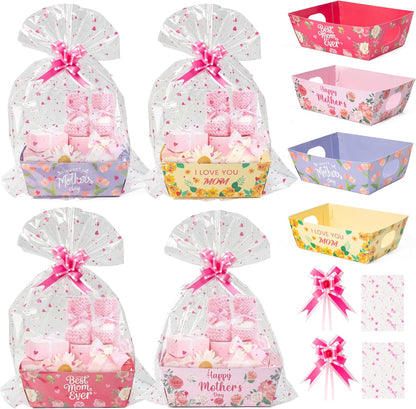 Mother's Day Empty Gift Baskets Kit- 24 Sets Happy Mother's Day Basket for Gifts Empty with Pink Heart Cellophane Bags and Ribbons Bows for Women Festivals Holiday Business Birthday Party Decor