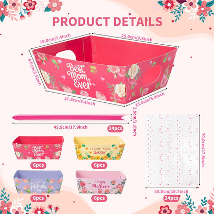 Mother's Day Empty Gift Baskets Kit- 24 Sets Happy Mother's Day Basket for Gifts Empty with Pink Heart Cellophane Bags and Ribbons Bows for Women Festivals Holiday Business Birthday Party Decor