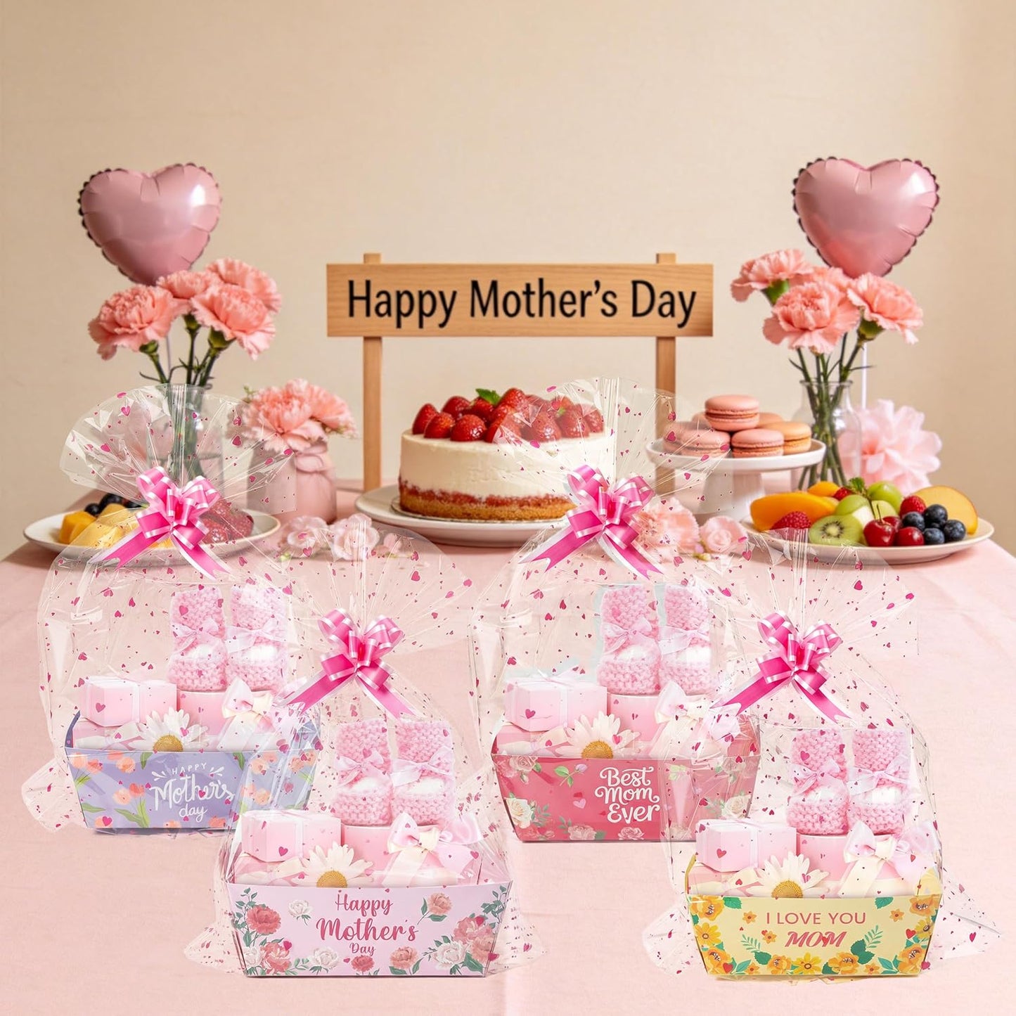 Mother's Day Empty Gift Baskets Kit- 24 Sets Happy Mother's Day Basket for Gifts Empty with Pink Heart Cellophane Bags and Ribbons Bows for Women Festivals Holiday Business Birthday Party Decor