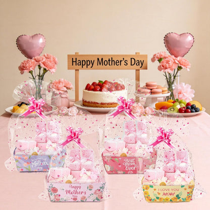 Mother's Day Empty Gift Baskets Kit- 24 Sets Happy Mother's Day Basket for Gifts Empty with Pink Heart Cellophane Bags and Ribbons Bows for Women Festivals Holiday Business Birthday Party Decor