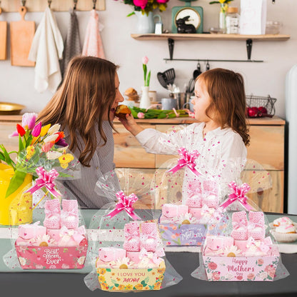 Mother's Day Empty Gift Baskets Kit- 24 Sets Happy Mother's Day Basket for Gifts Empty with Pink Heart Cellophane Bags and Ribbons Bows for Women Festivals Holiday Business Birthday Party Decor